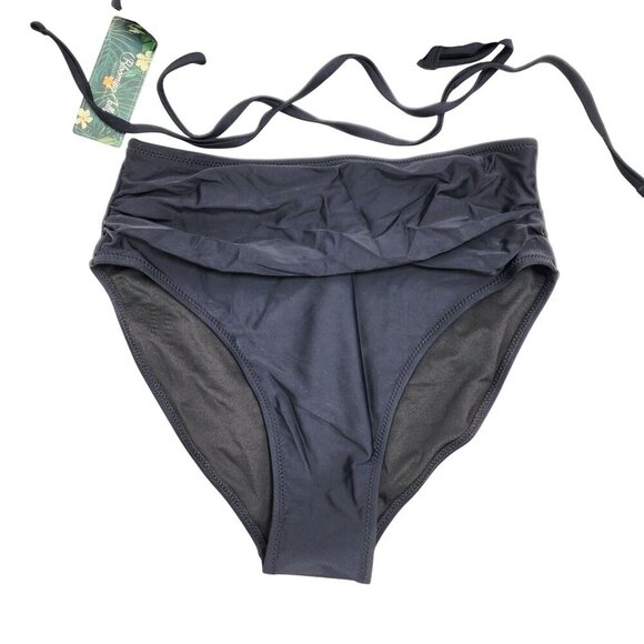 Black Two-Piece Ruched Halter Swimsuit Bikini High-Waisted Bottoms Size Small - Picture 5 of 8